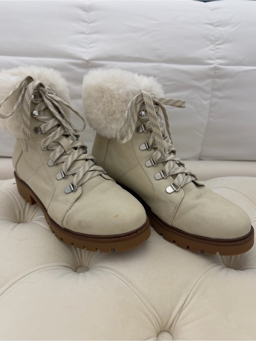 Esprit Cream Lace-Up Faux-Fur Lug Boots